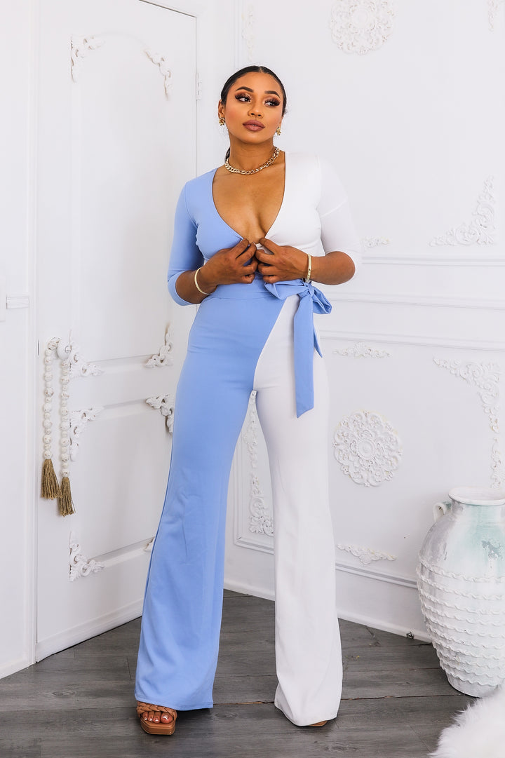 Sky & Ivory Colorblock Wrap Jumpsuit