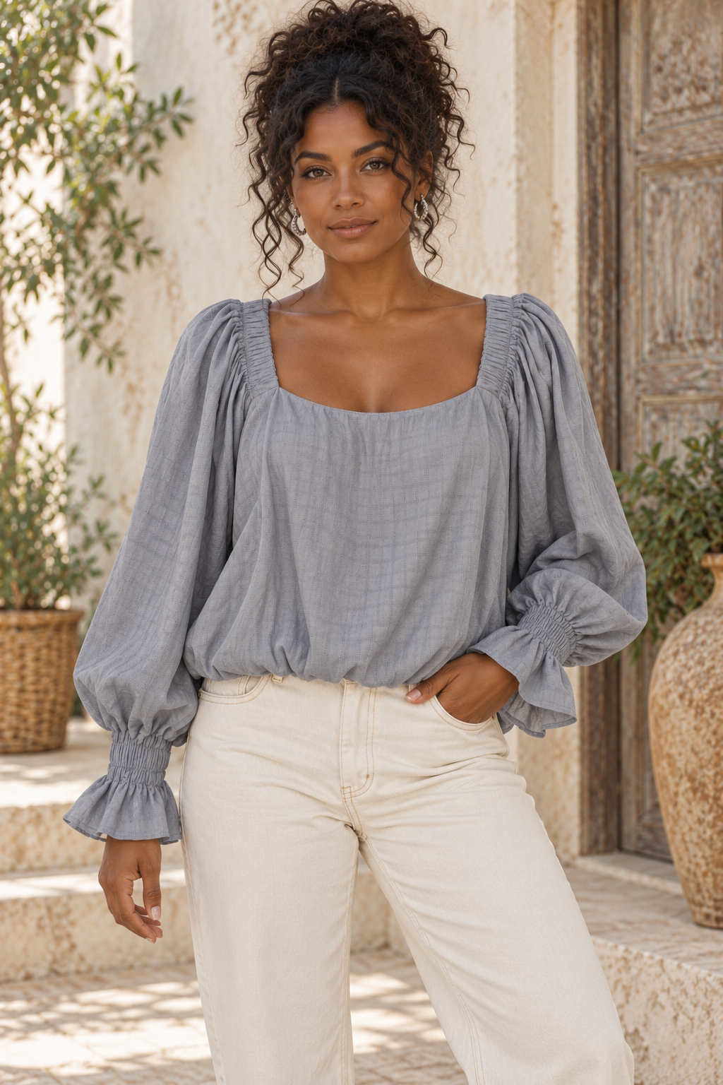 Square Neck Balloon Sleeve Boho Top – Smocked Ruffle Cuff Blouse