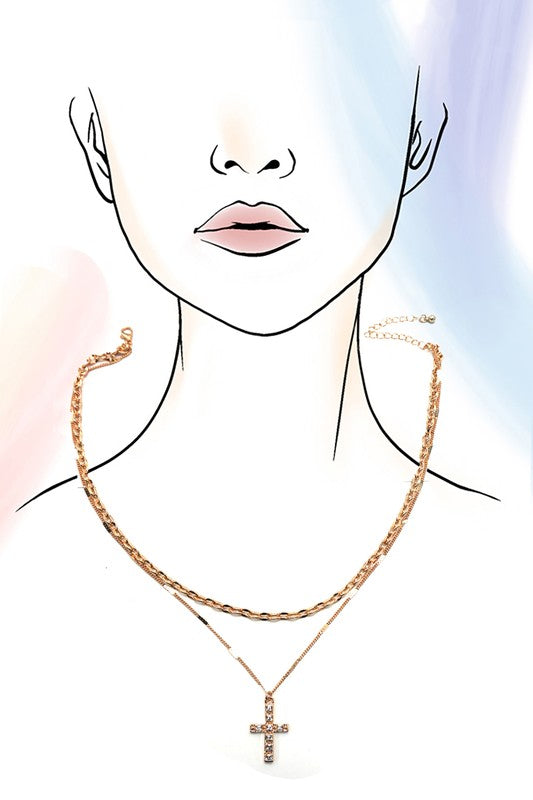 The Radiant Faith Layered Cross Necklace – Gold Crystal Cross
