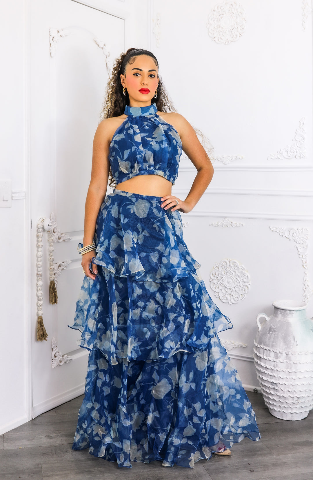 Blue Tiered Ruffle Two-Piece Set – Halter Crop Top & Maxi Skirt