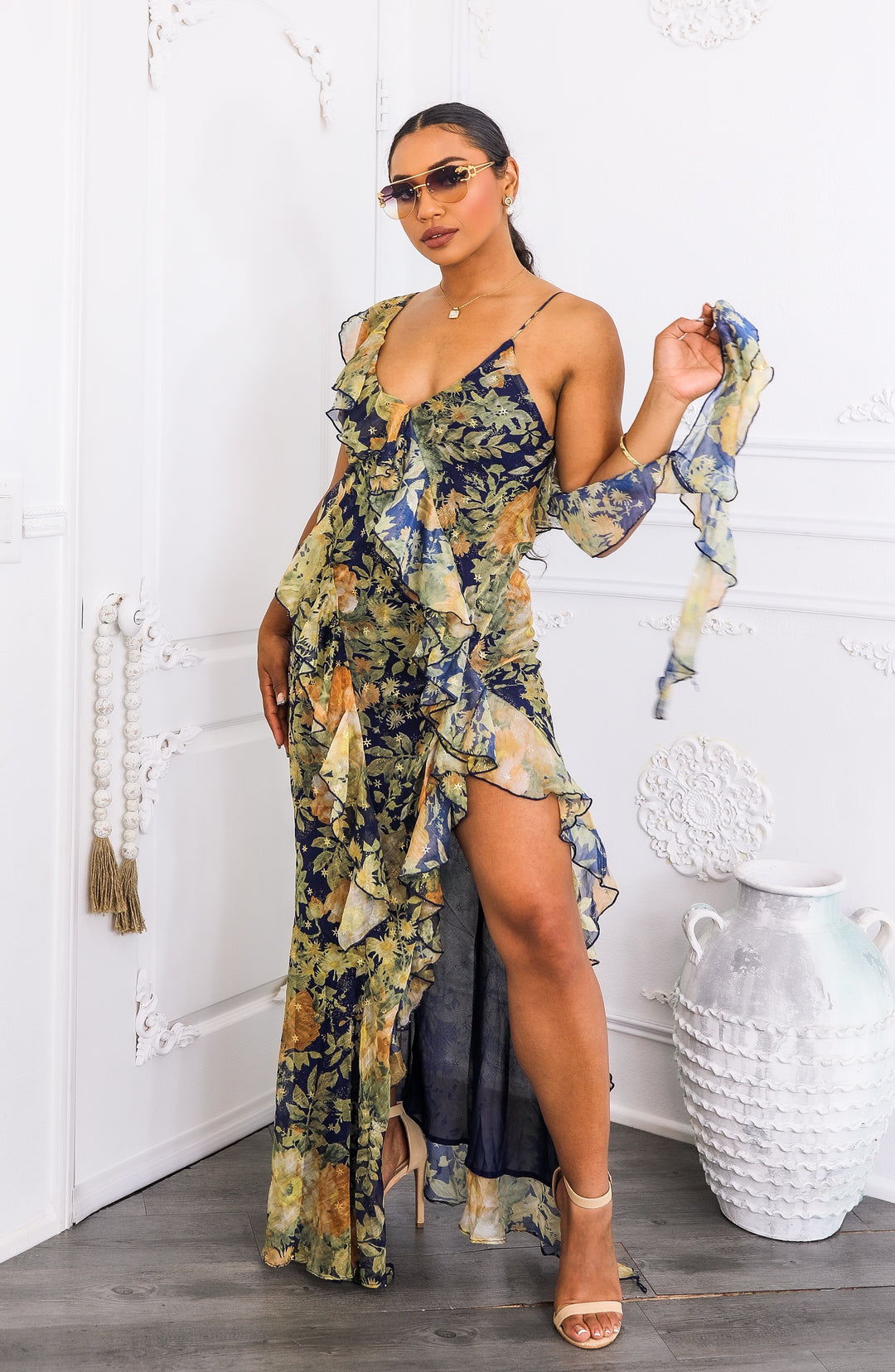 Floral Ruffle Maxi Dress with Slit