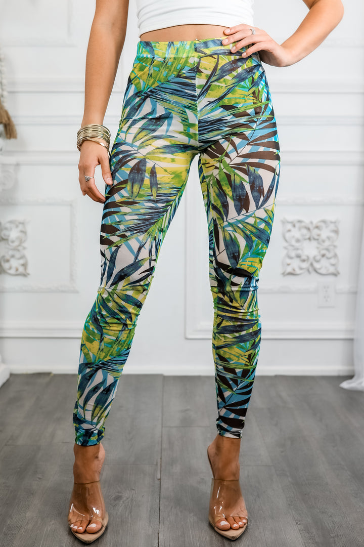 Tropical Mesh Leaf Print Leggings – High Waisted Sheer Stretch Pants