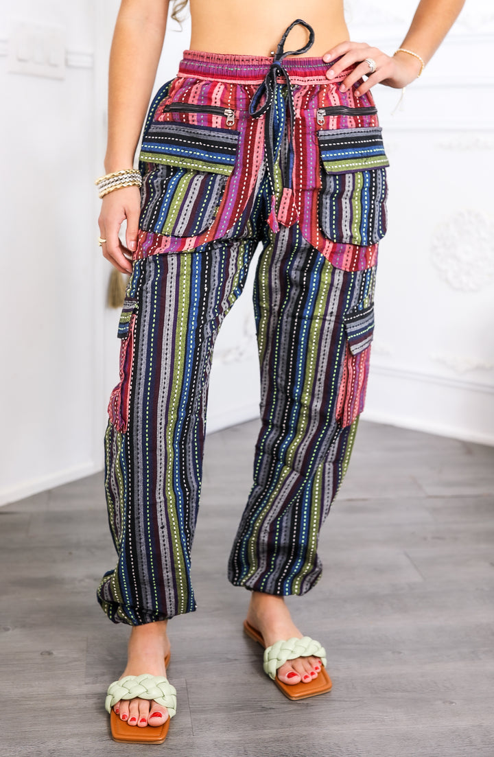 Boho Utility Stripe Joggers – Multi Pocket Drawstring Pants