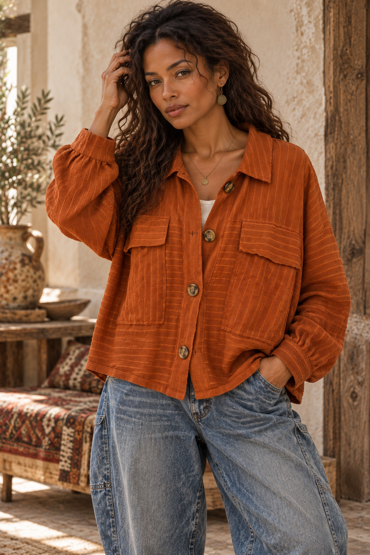 Rust Textured Cropped Shirt Jacket – Boho Balloon Sleeve Chore Jacket