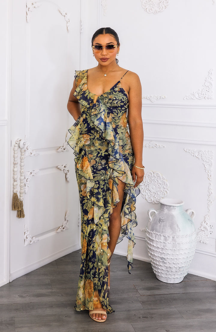 Floral Ruffle Maxi Dress with Slit