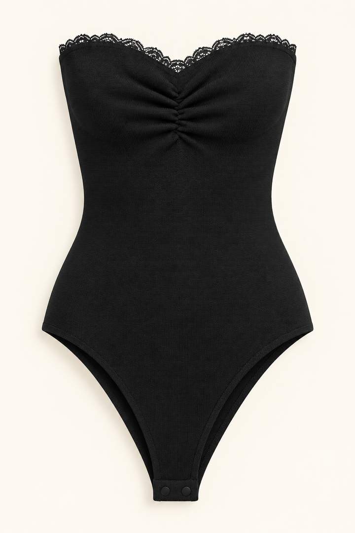 Strapless Lace Trim Bodysuit – Black Ruched Sweetheart Ribbed Knit