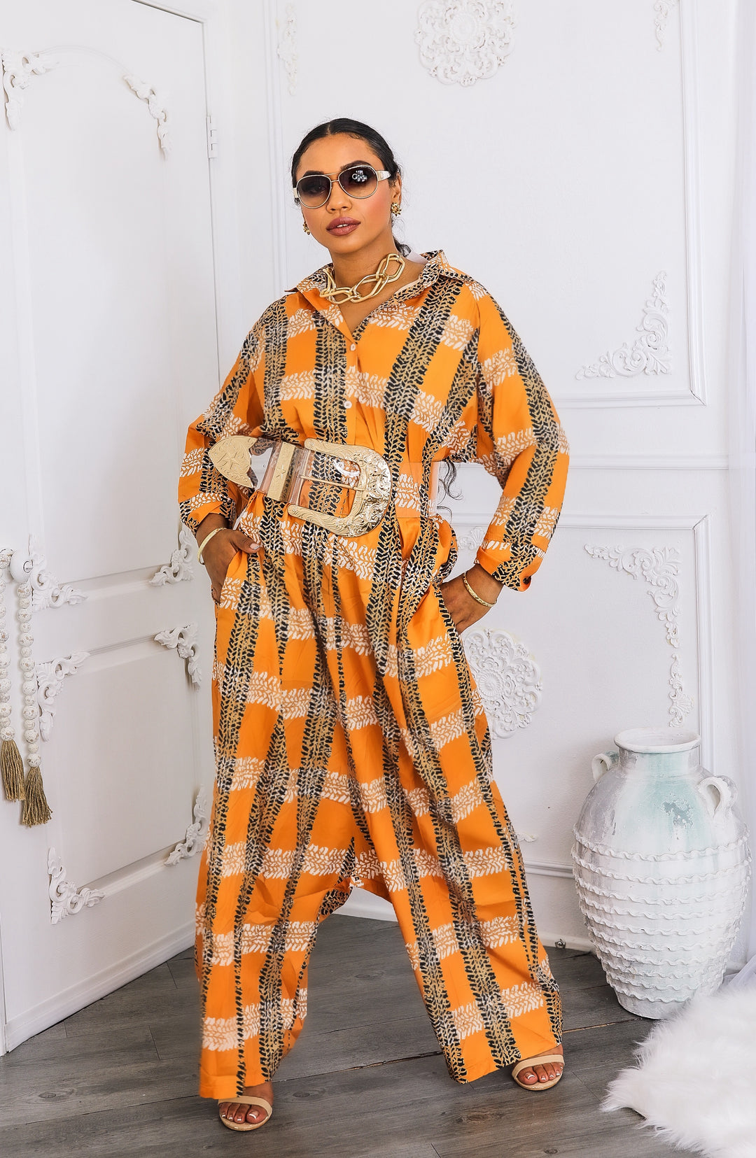 Oversized Orange Tribal Print Button-Up Kimono Jumpsuit
