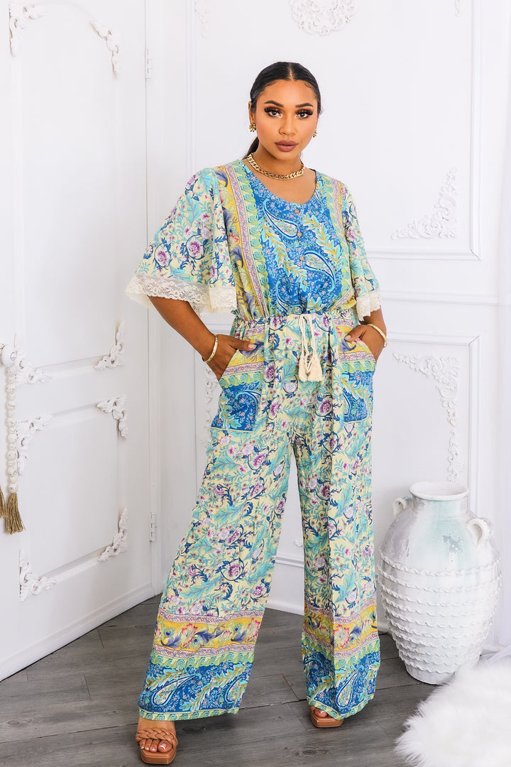 Boho Floral Print Jumpsuit with Lace Trim Sleeves
