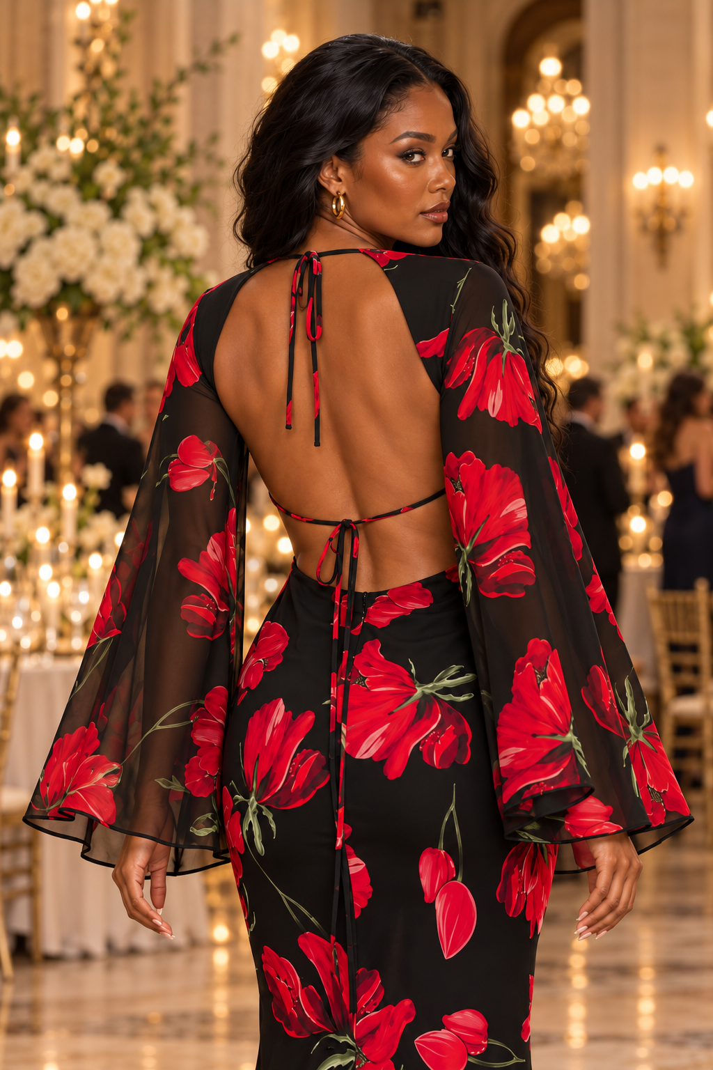 Floral Cutout Maxi Dress – Red Poppy Black Plunging V-Neck
