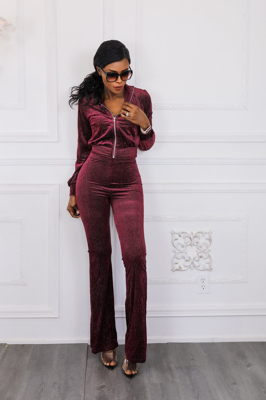 Glam Babe Velvet Two Pieces Set Bomber Jacket and Flare Pants