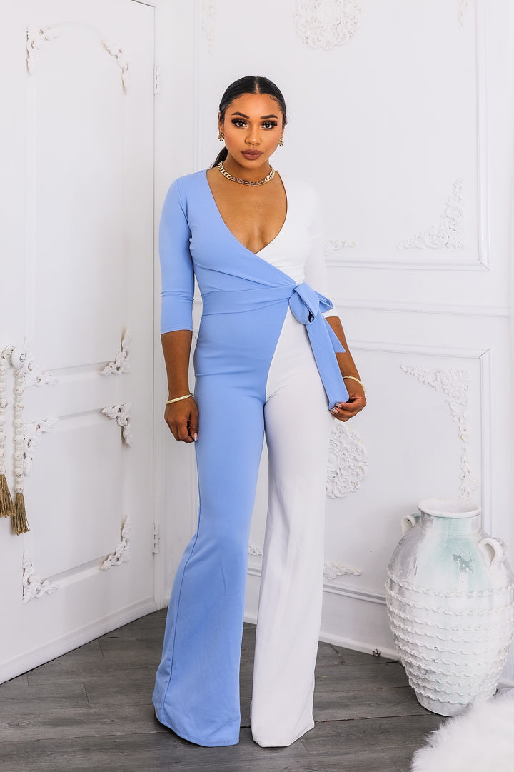 Sky & Ivory Colorblock Wrap Jumpsuit