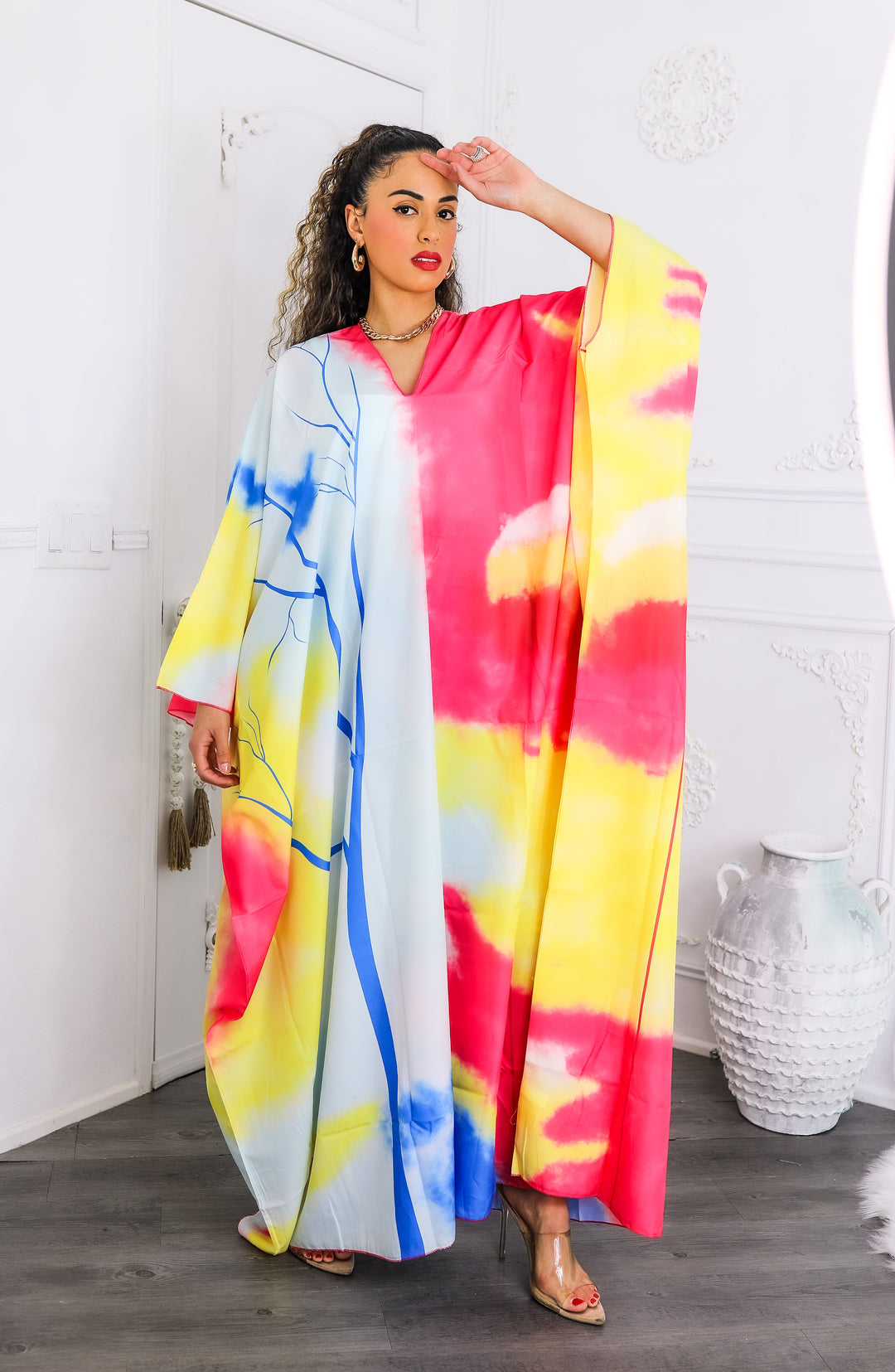 Colorburst Abstract Kimono Maxi Dress – Flowy V-Neck Style