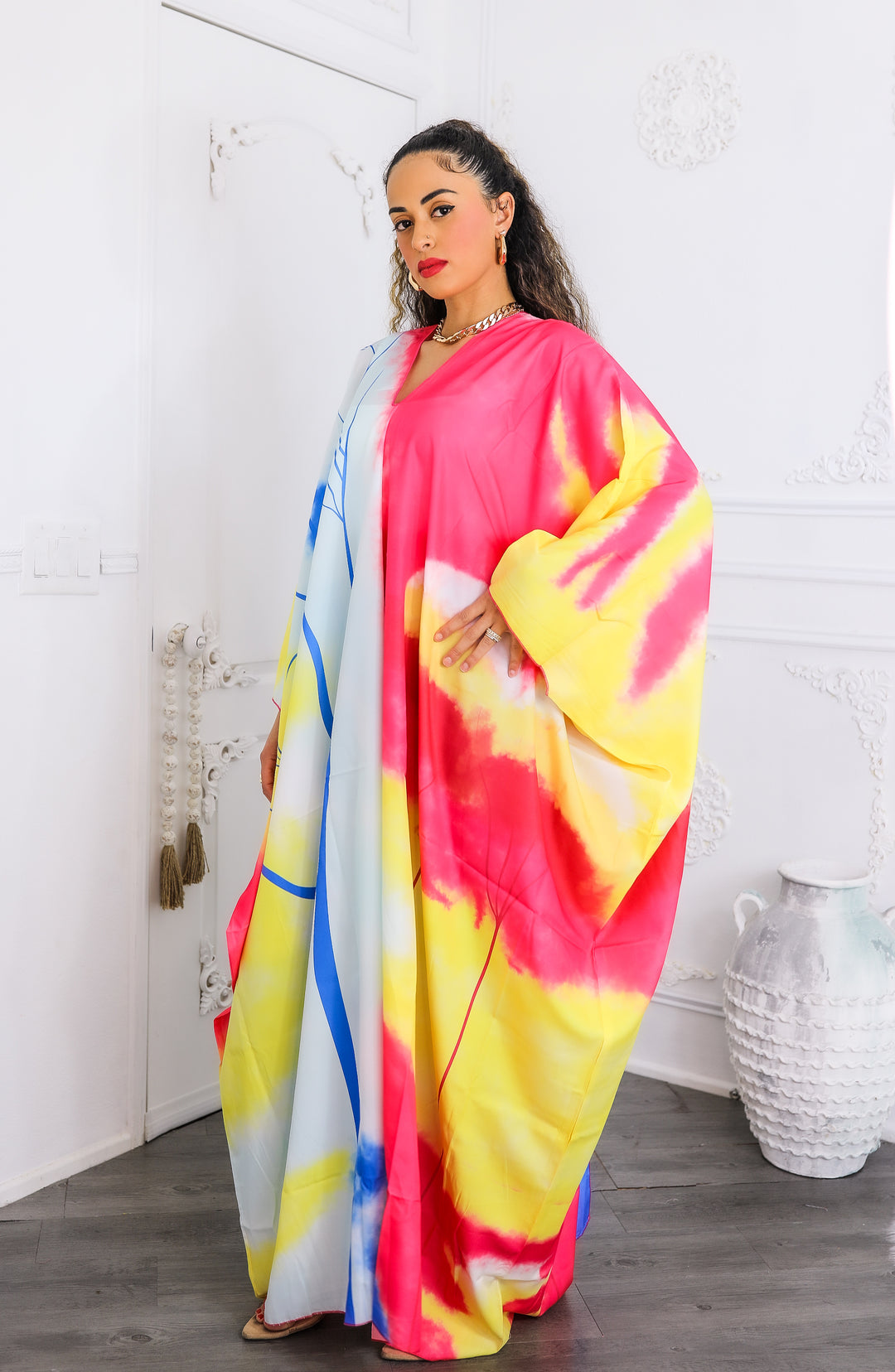 Colorburst Abstract Kimono Maxi Dress – Flowy V-Neck Style