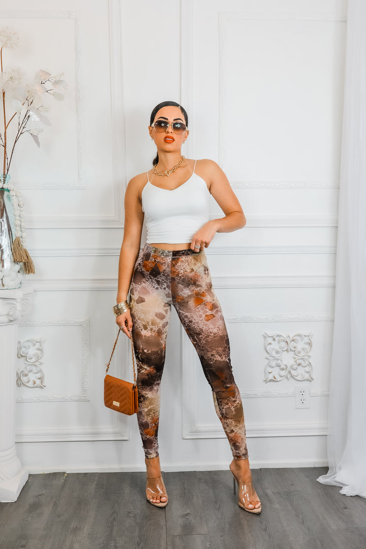 Brown Marble Print Mesh Leggings – High Waisted Sheer Stretch Pants