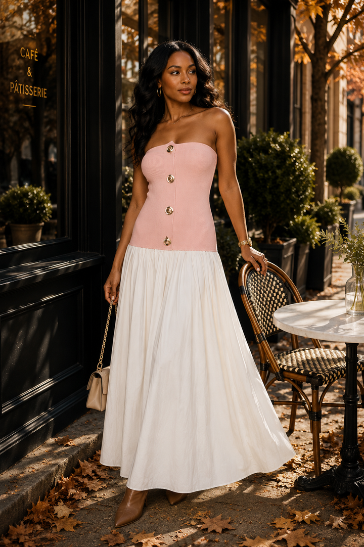 Strapless Button-Front Color Block Maxi Dress
