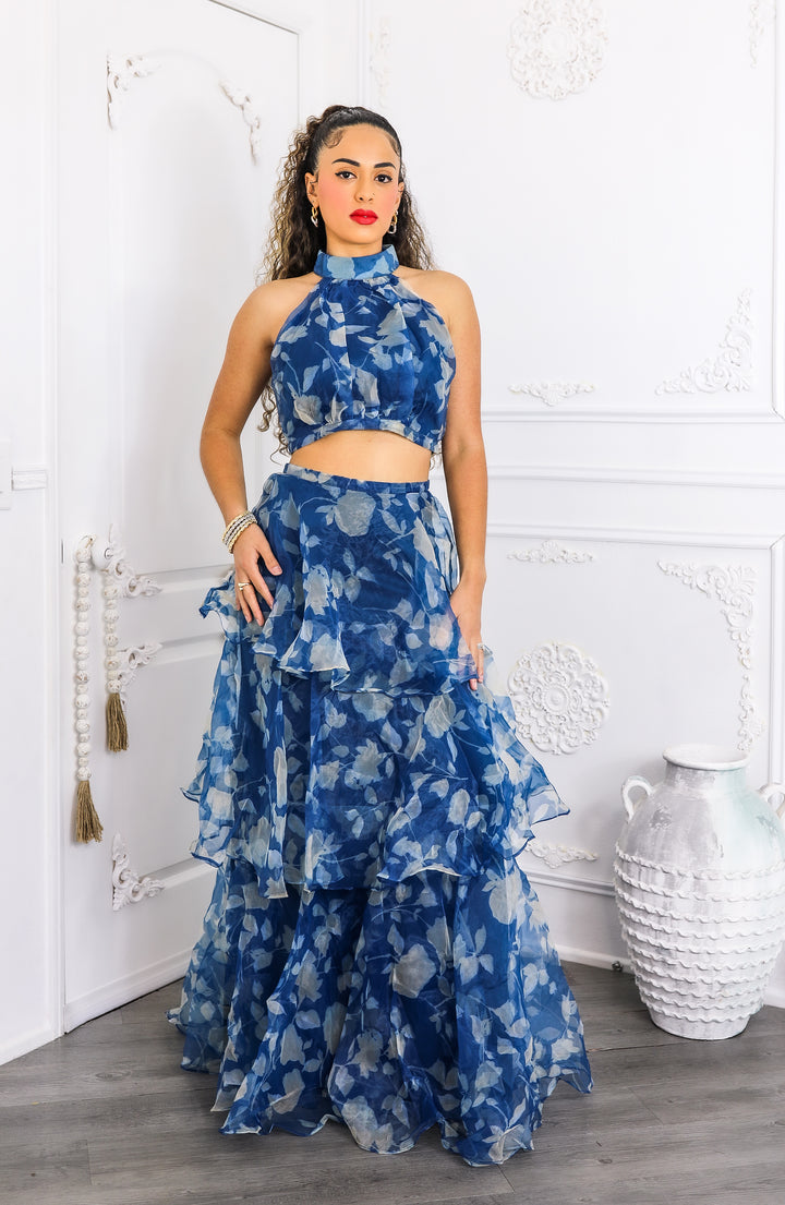 Blue Tiered Ruffle Two-Piece Set – Halter Crop Top & Maxi Skirt