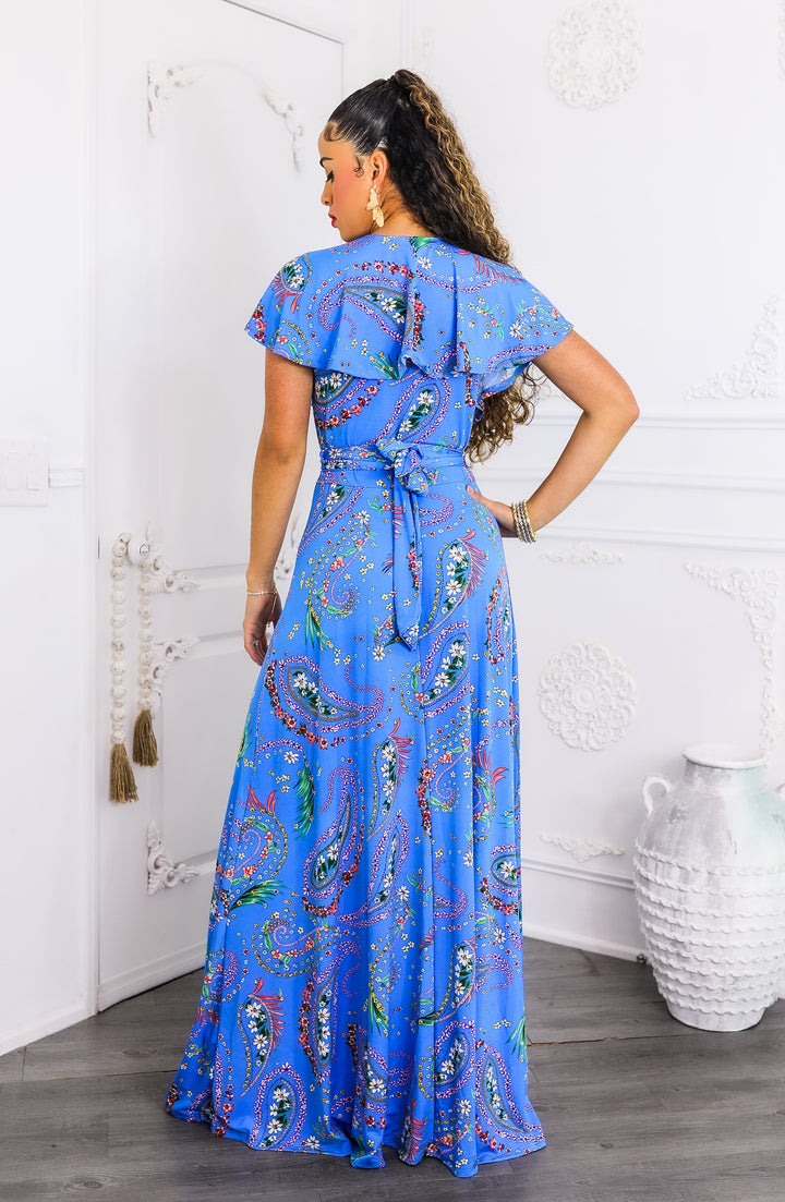 Blue Paisley On or Off-Shoulder Maxi Dress