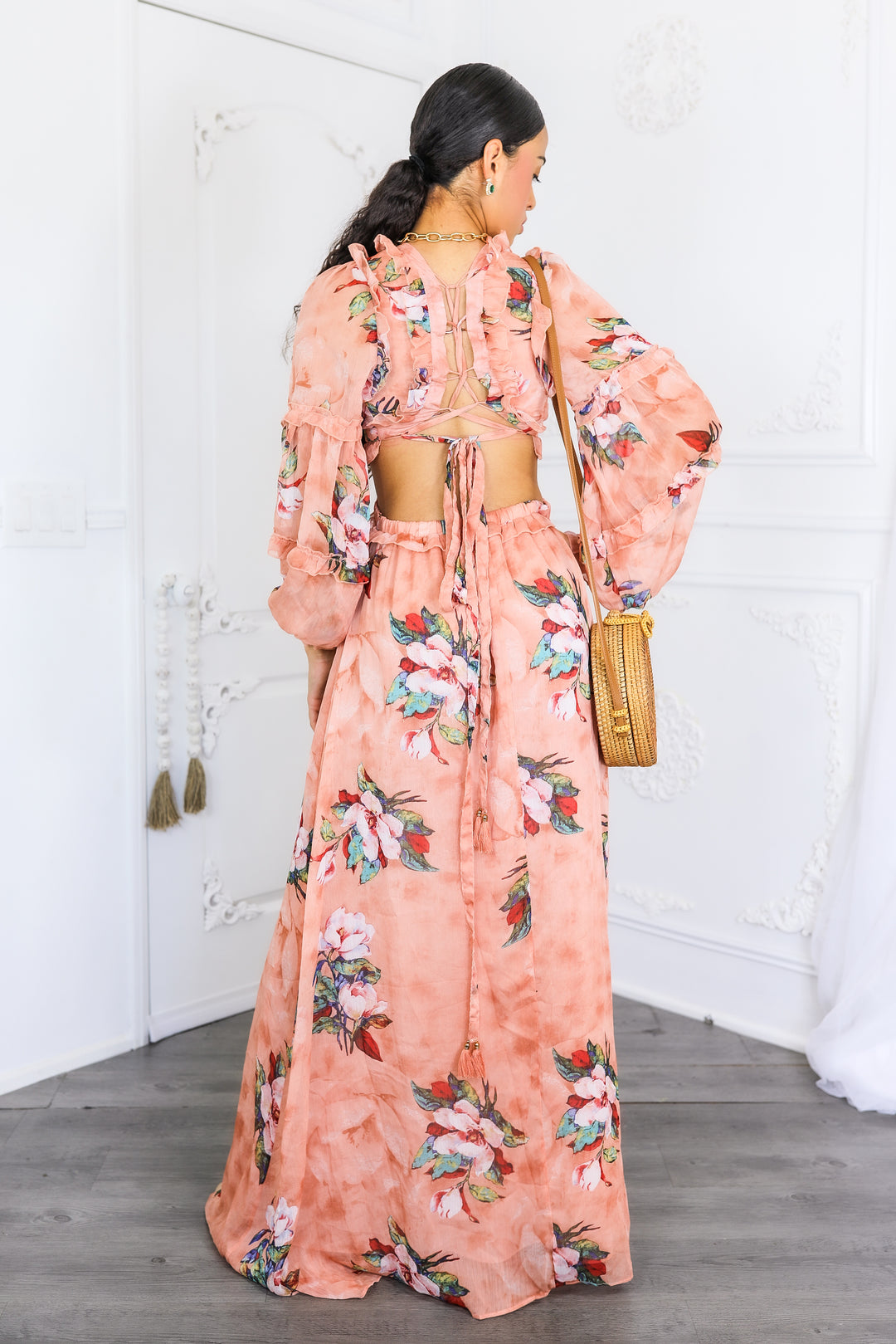 Resort Floral Bubble Sleeves Maxi Dress