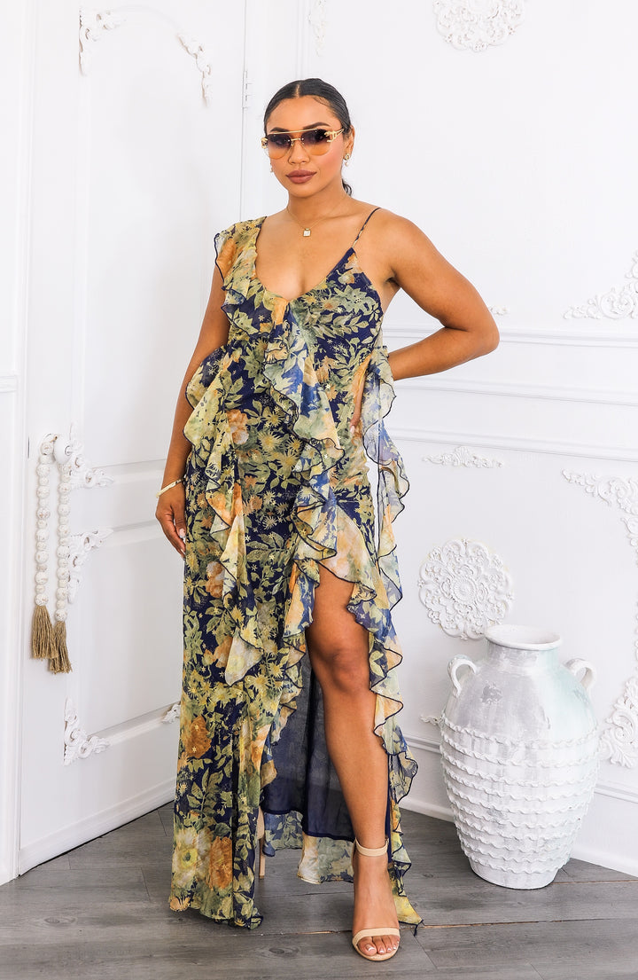 Floral Ruffle Maxi Dress with Slit