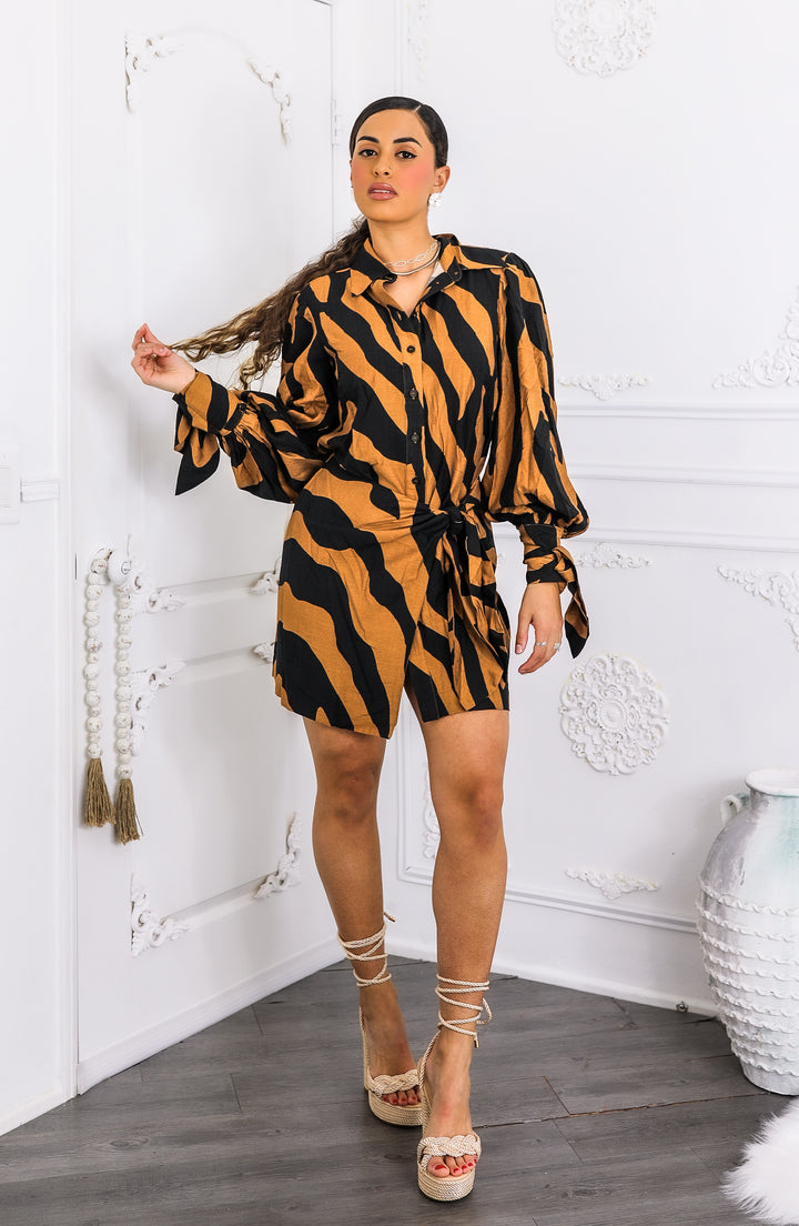 Bold Tiger Stripe Wrap Shirt Dress – Balloon Sleeve Mini