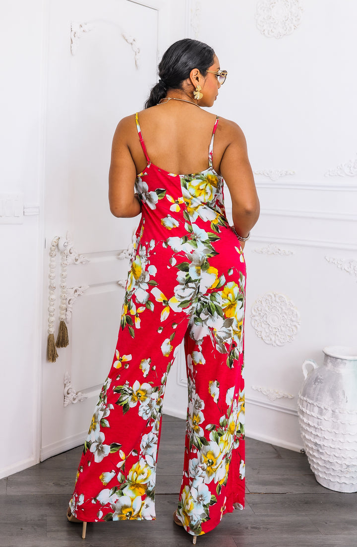 Red Tropical Floral Jumpsuit – Wide-Leg