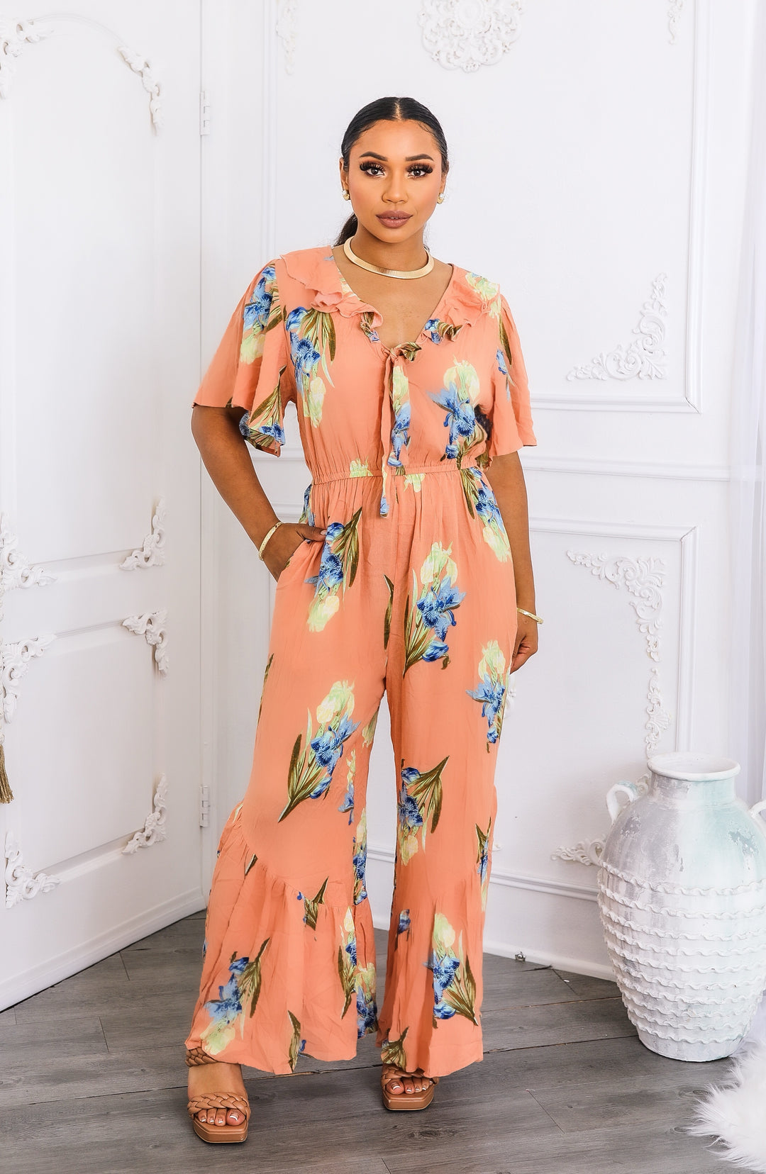Peach Floral Ruffle Jumpsuit – Wide-Leg Summer One-Piece