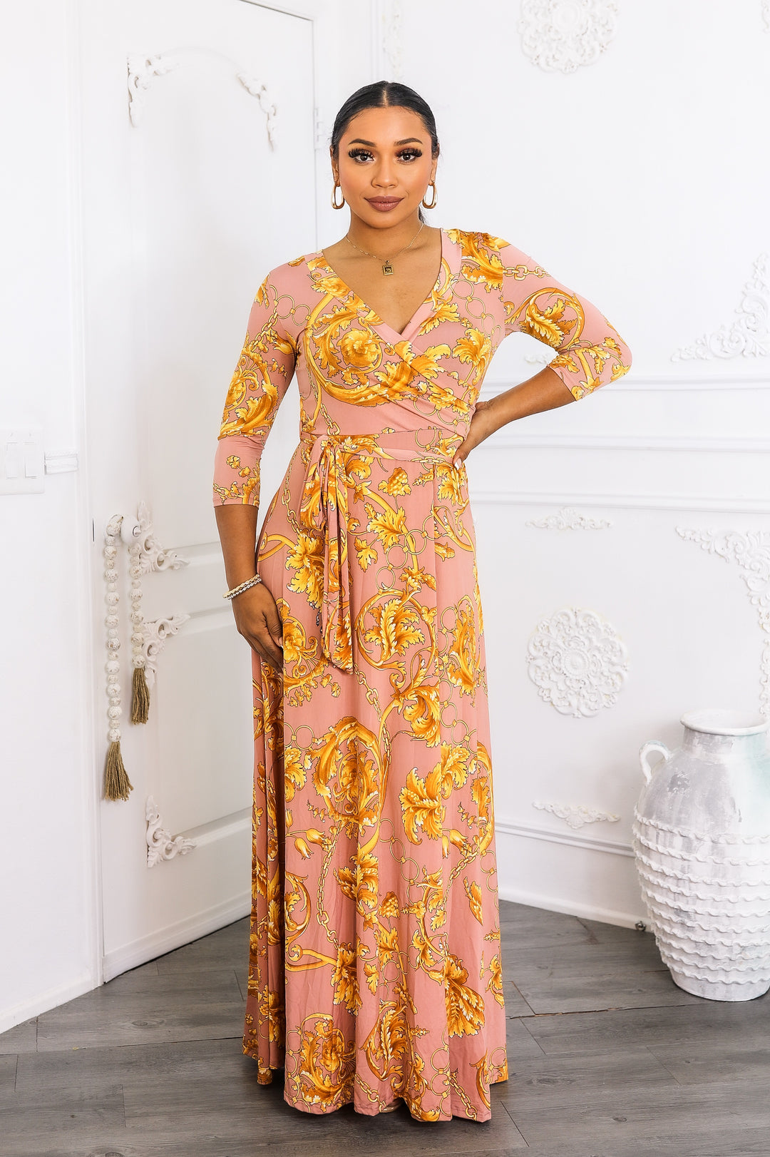 Blush Gold Wrap Maxi Dress | Elegant Long Sleeve Boho Dress