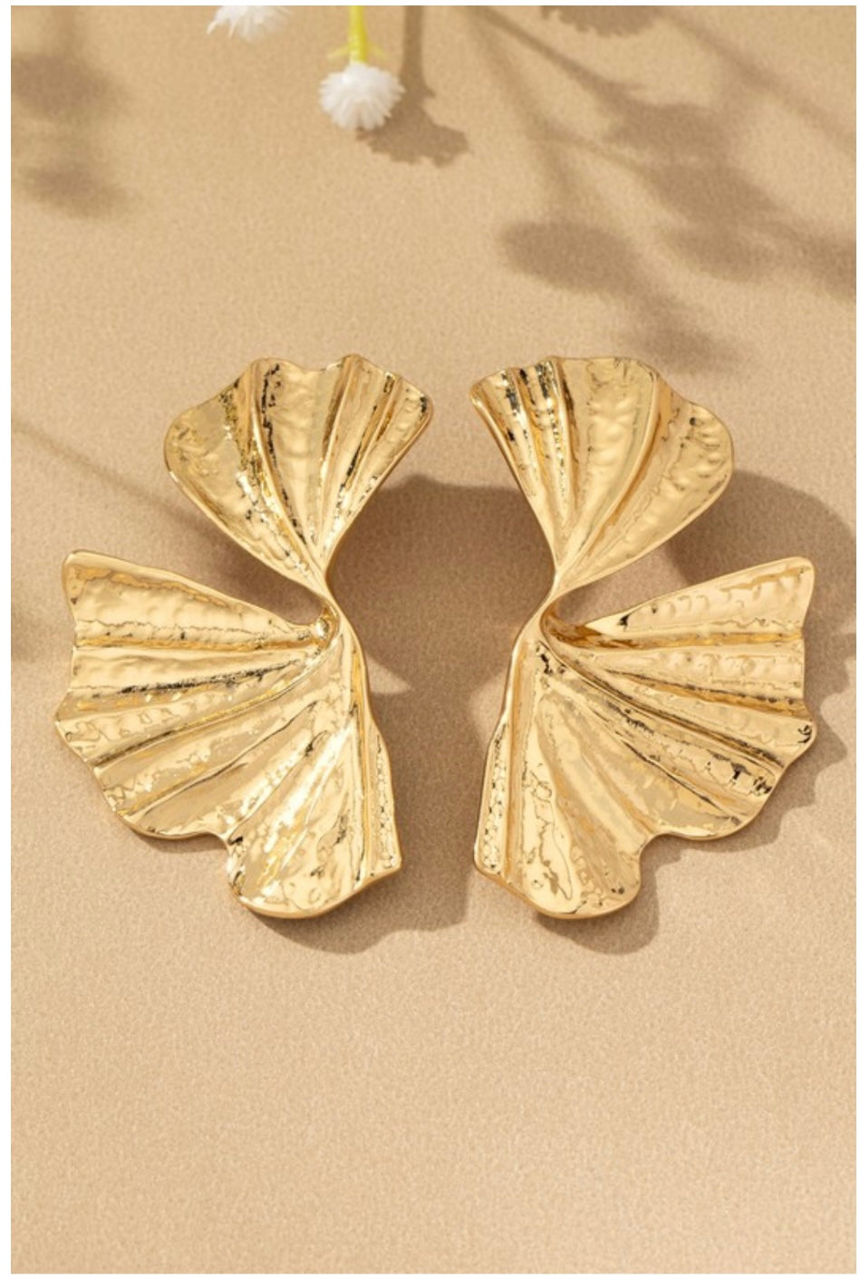 Bold Textured Twisted Fan Leaf Statement Earrings - Gold