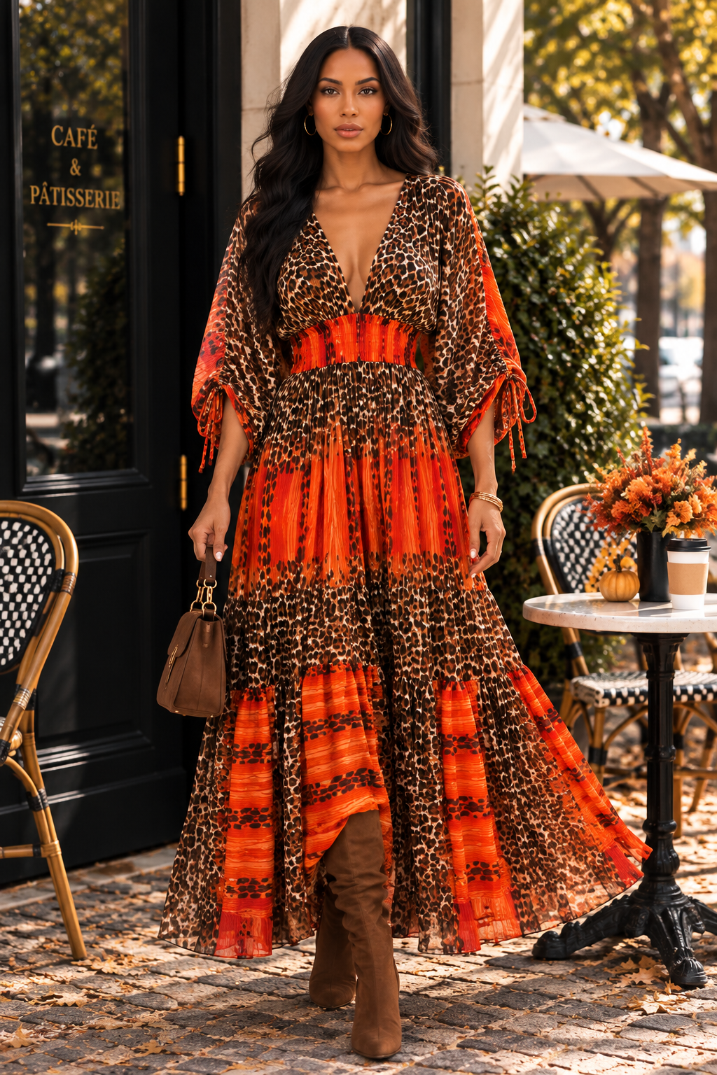 Rust Animal Print Dolman Sleeve Maxi Dress | Convertible Long-to-Sleeveless Tiered Dress