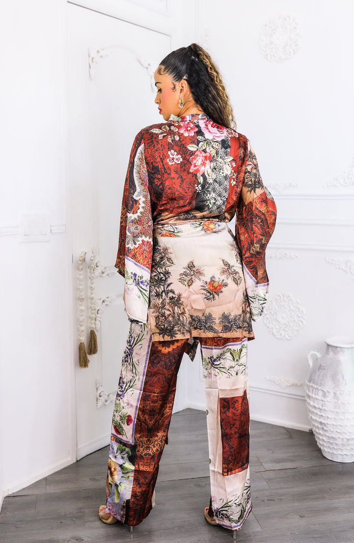 Golden Hour Boho Luxe Kimono Set – Printed Duster & Wide-Leg Pants