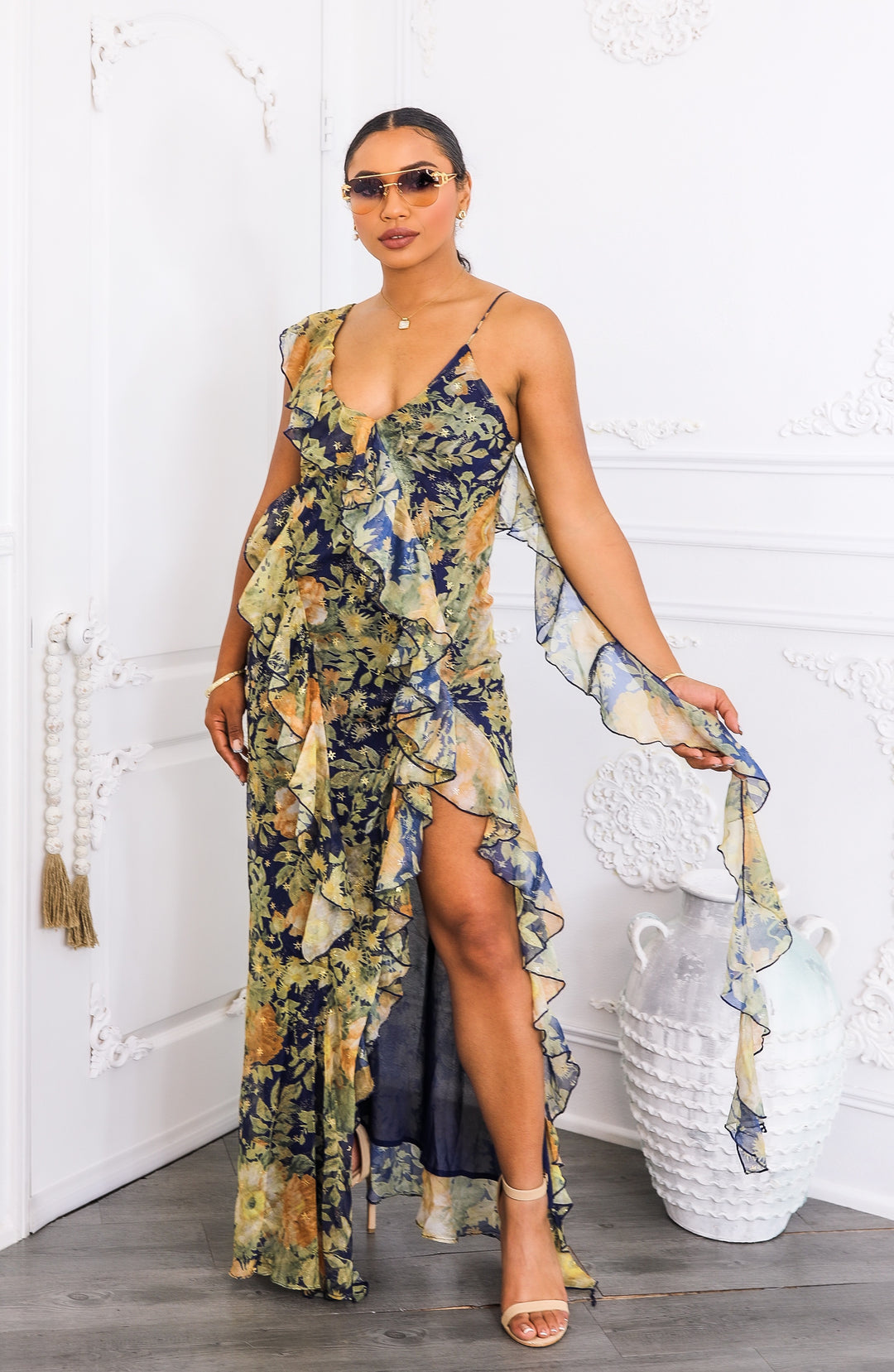 Floral Ruffle Maxi Dress with Slit