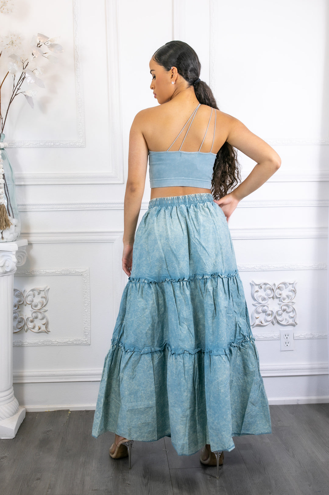 Woven Vintage Washed Maxi Skirt With Ribbed Double Strap Set