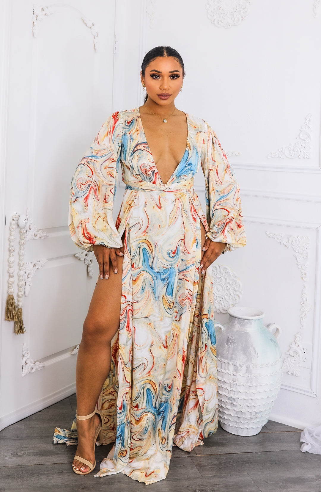 Marble Swirl Kimono Maxi Dress with Slits – Boho Resort Style