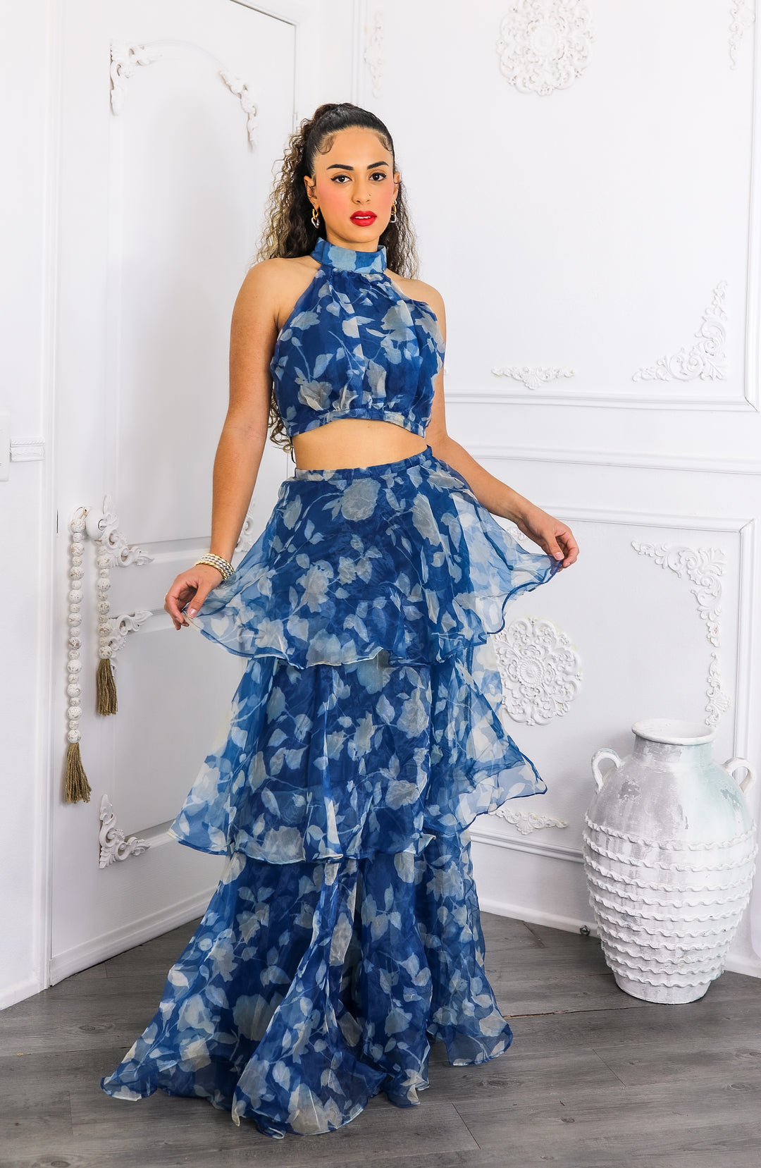 Blue Tiered Ruffle Two-Piece Set – Halter Crop Top & Maxi Skirt
