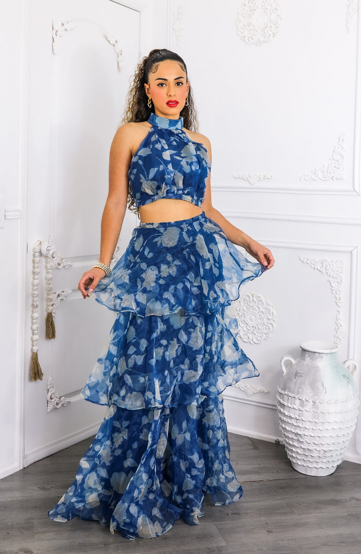 Blue Tiered Ruffle Two-Piece Set – Halter Crop Top & Maxi Skirt