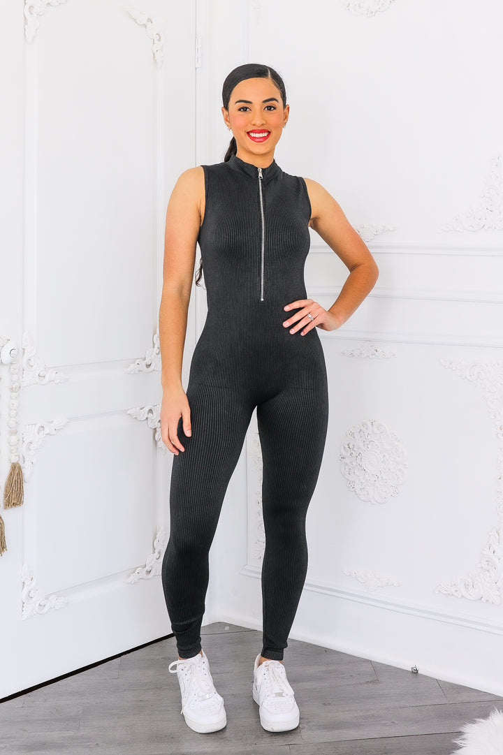 Mineral Wash Front Zipper Snatched Jumpsuit