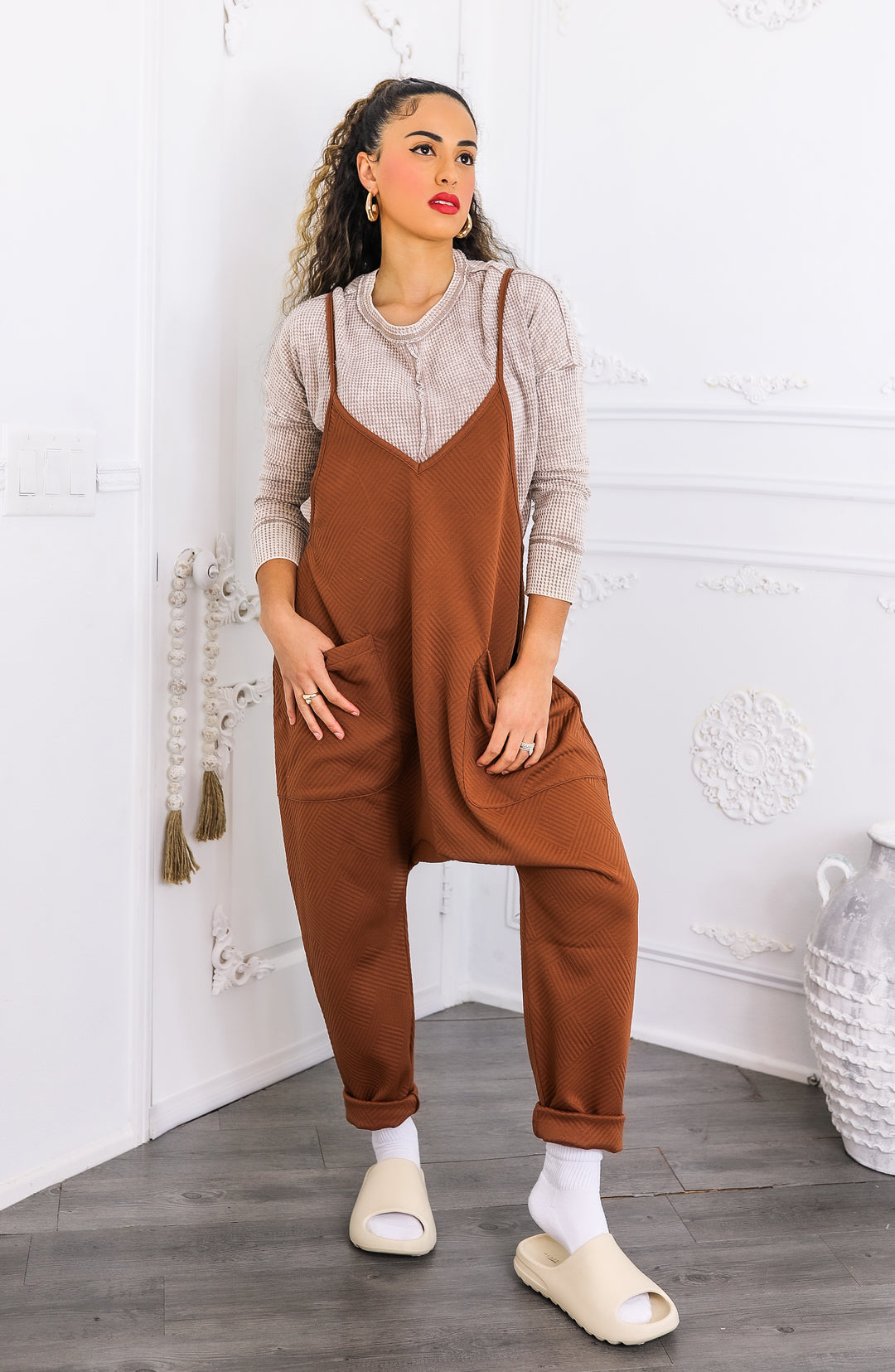 Brown Harem Pocket Jumpsuit – Relaxed Fit One-Piece