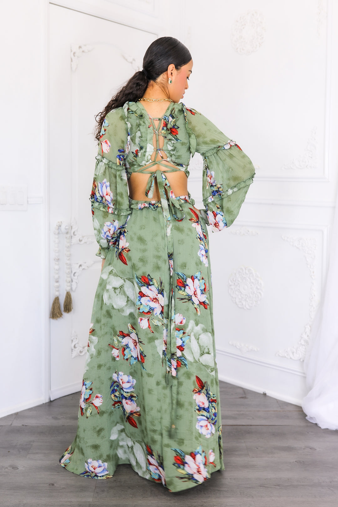 Resort Floral Bubble Sleeves Maxi Dress