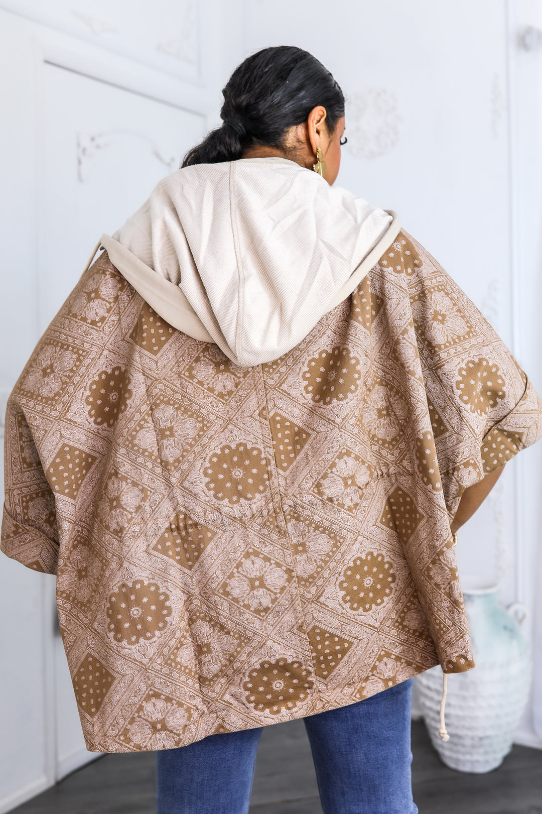 Boho Bandana Print Drawstring Jacket with Hood – Tan