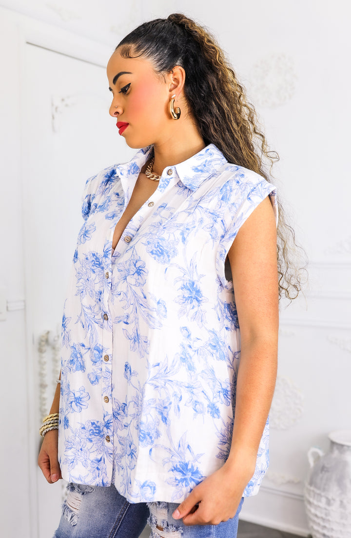 Blue Floral Sleeveless Button-Down Blouse
