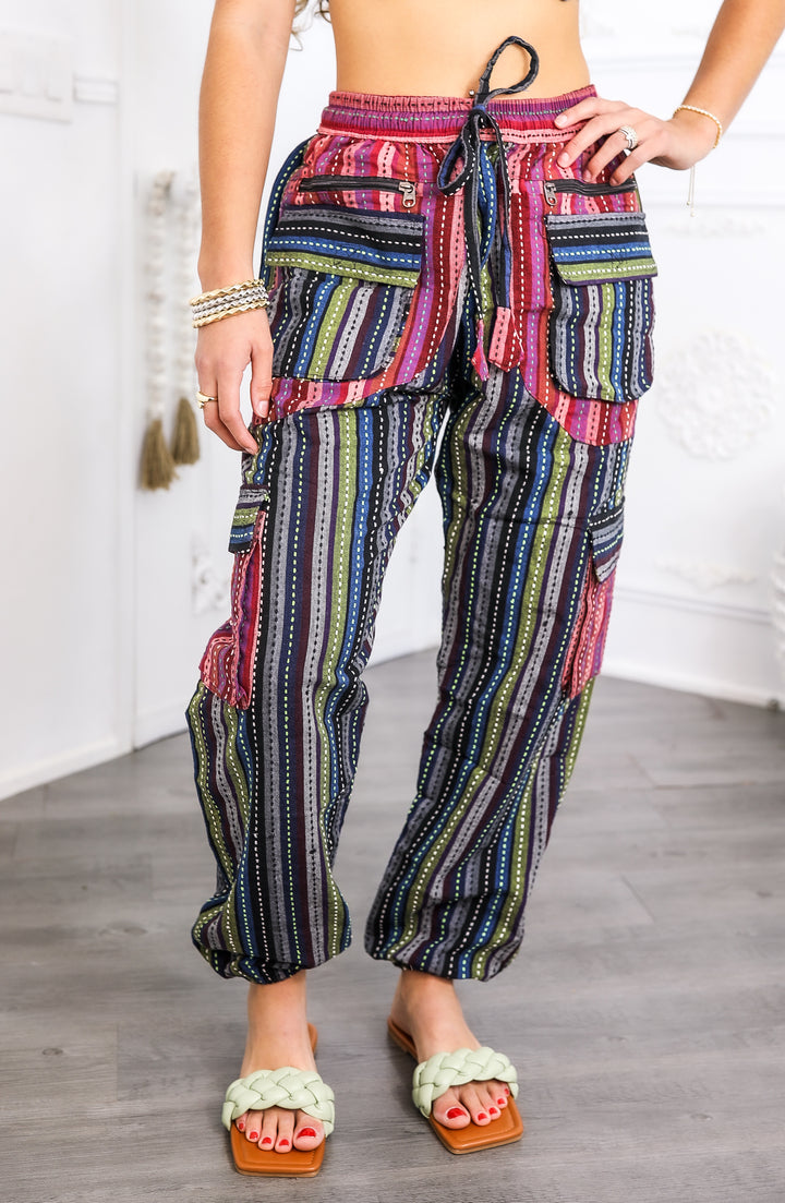 Boho Utility Stripe Joggers – Multi Pocket Drawstring Pants