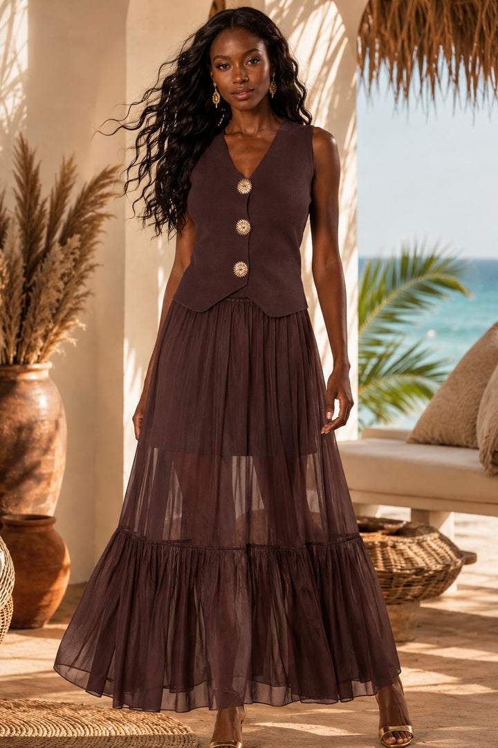Sheer Maxi Skirt & Knit Vest Two-Piece Set