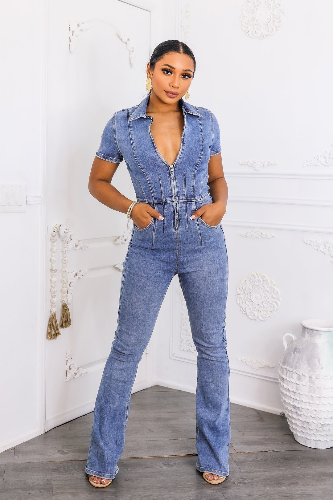 Zip-Front Short Sleeve Denim Jumpsuit