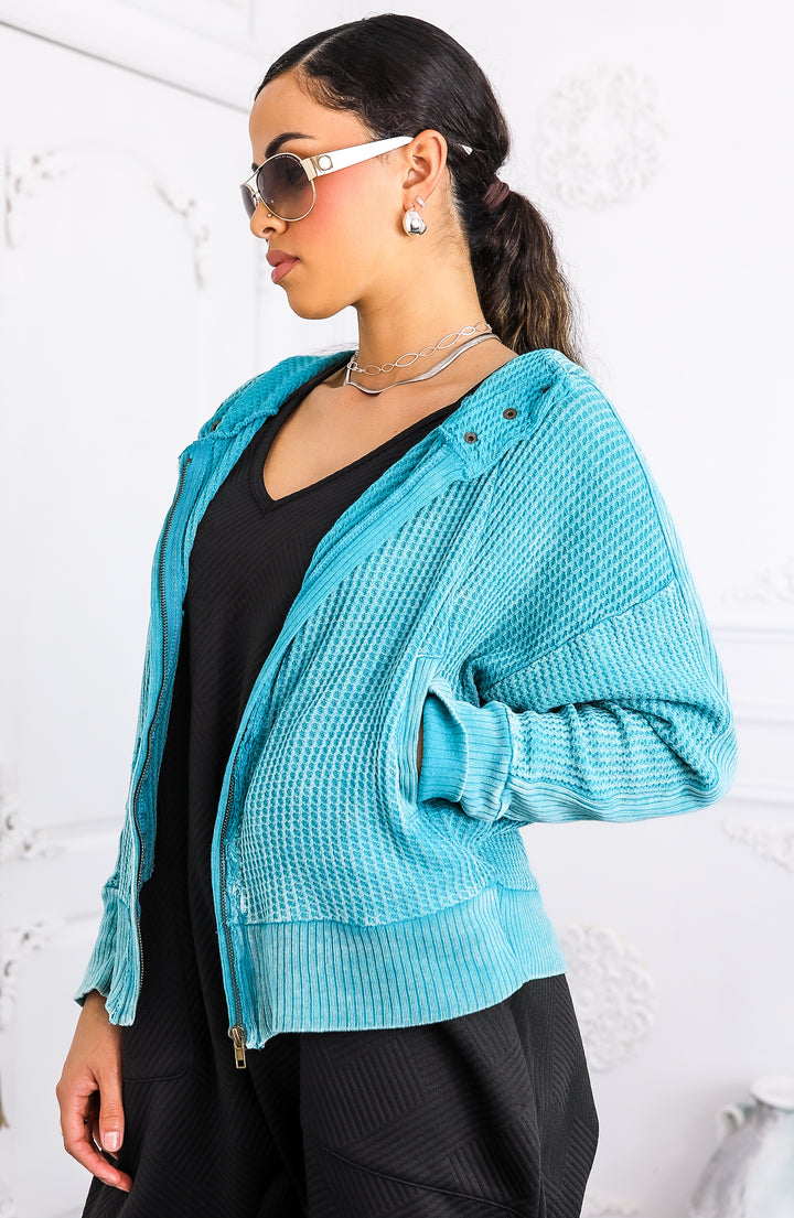 Mineral Wash Waffle Knit Zip Hoodie – Turquoise