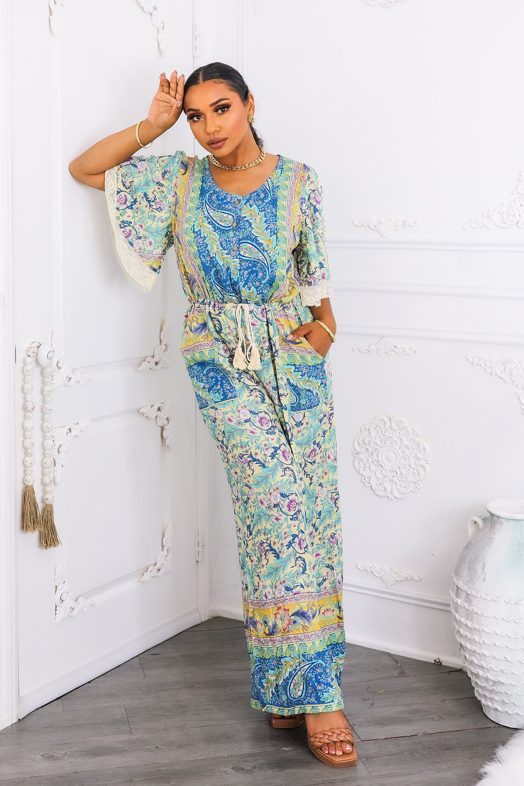 Boho Floral Print Jumpsuit with Lace Trim Sleeves