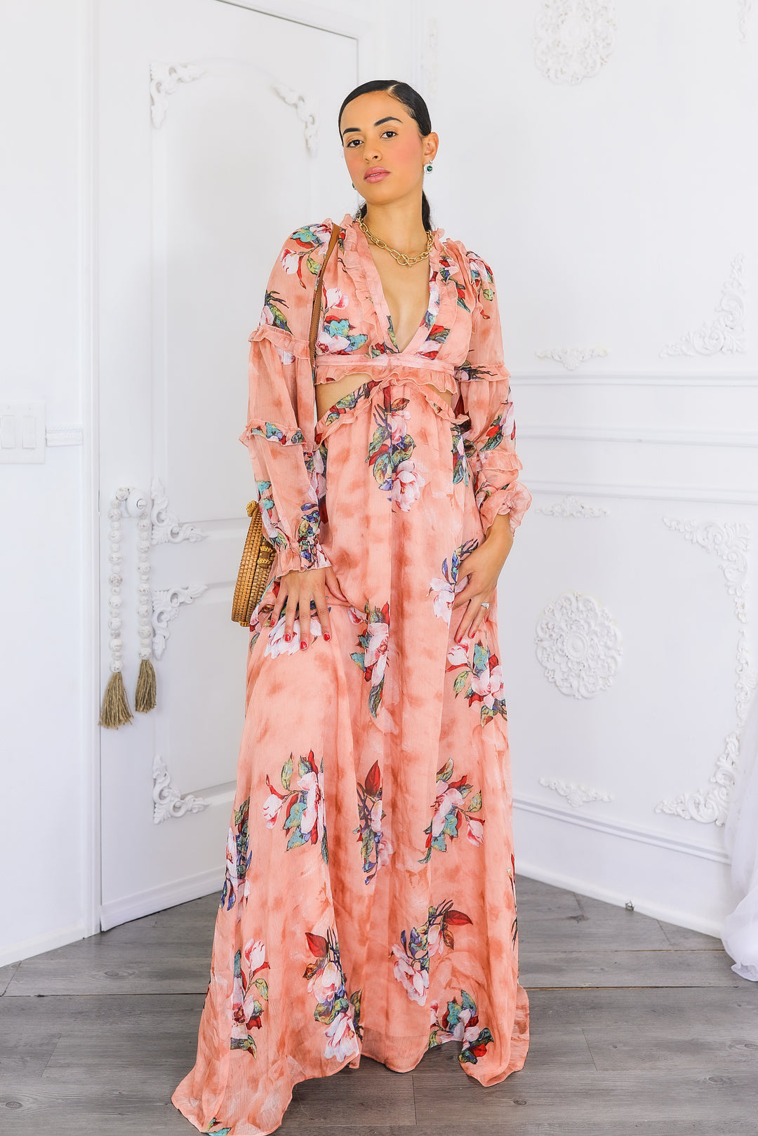 Resort Floral Bubble Sleeves Maxi Dress