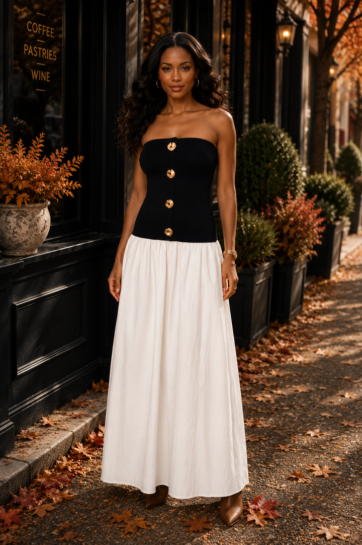 Strapless Button-Front Color Block Maxi Dress