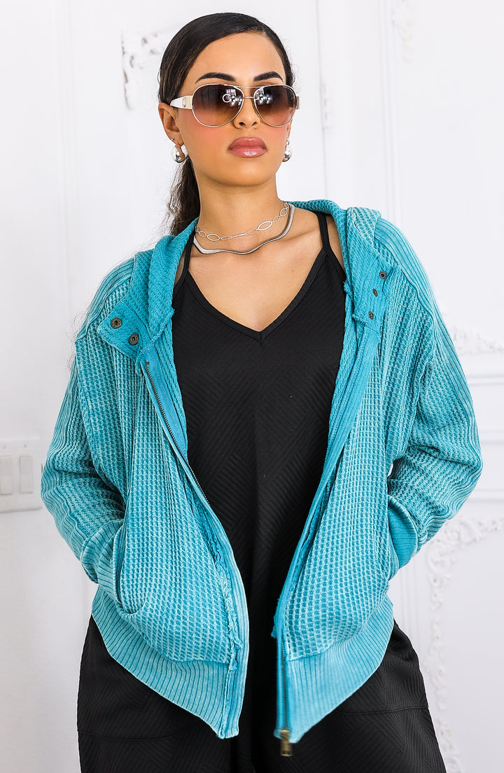 Mineral Wash Waffle Knit Zip Hoodie – Turquoise