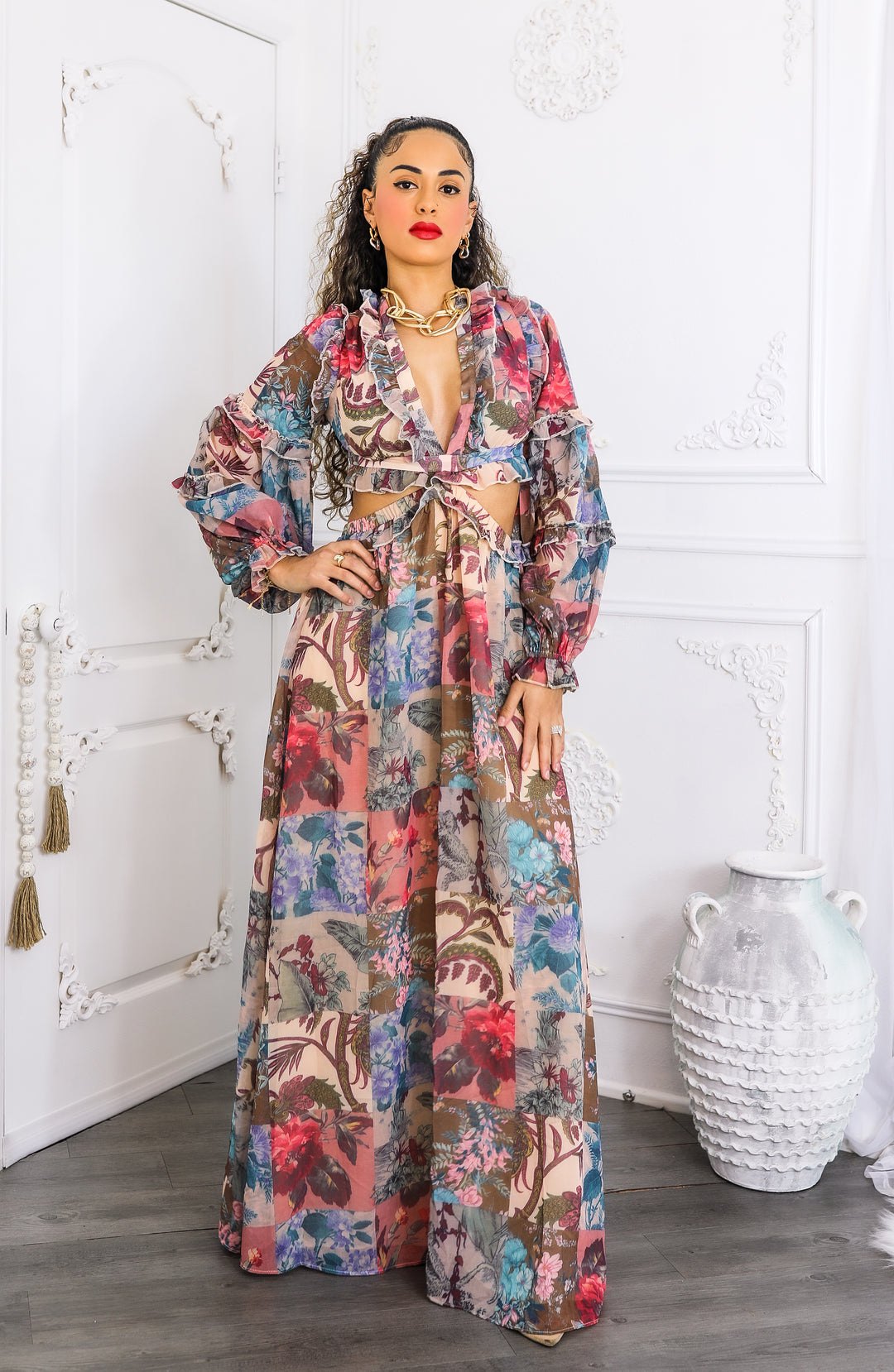 Patchwork Floral Maxi Dress – Plunge Ruffle Cutout Style
