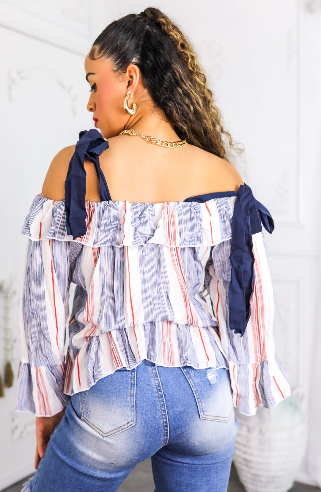 Striped Off-Shoulder Ruffle Blouse with Tie Straps